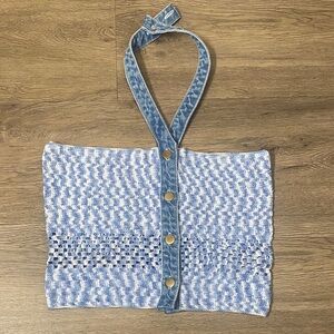 MY BEACHY SIDE Blue and White Knit Halter Top